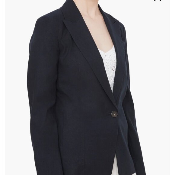 Vince Single Breasted Linen-Blend Blazer in Navy (Marina) Size 12 - Picture 4 of 5